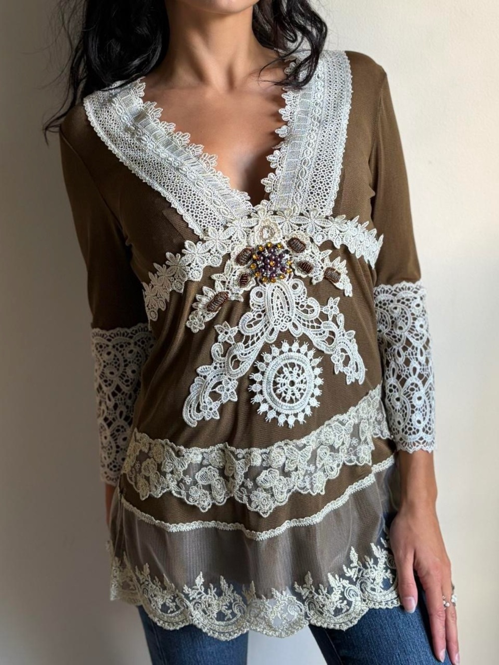 Passion Concept NWT Lace-Trim Mesh Top with Beaded Details